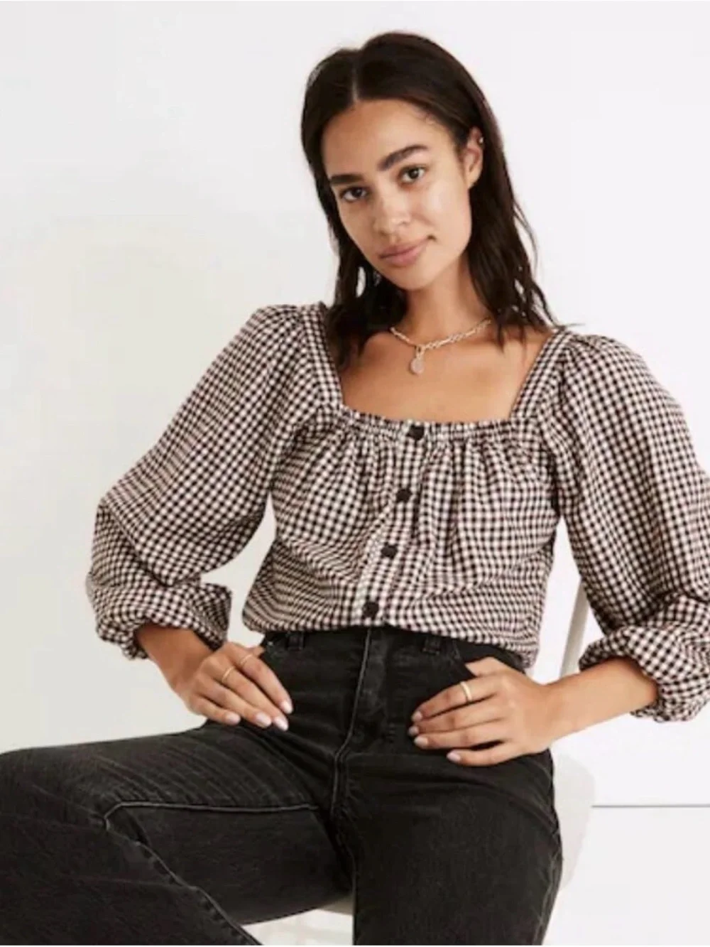Madewell Brown and White Gingham Square-Neck Blouse